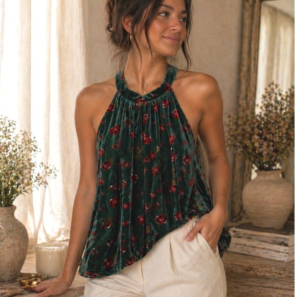 LOFT Velvet Halter Top‎ Floral Rose Green Size Medium Sleeveless Feminine Blouse